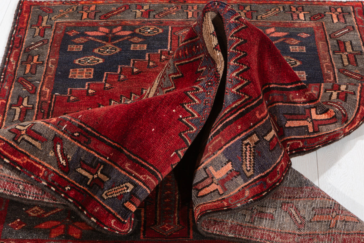 Vintage Red, Camel Brown Medallion Geometric Hand-Knotted Area Rug – 6' 6" x 3' 5" (198 x 104 cm)
