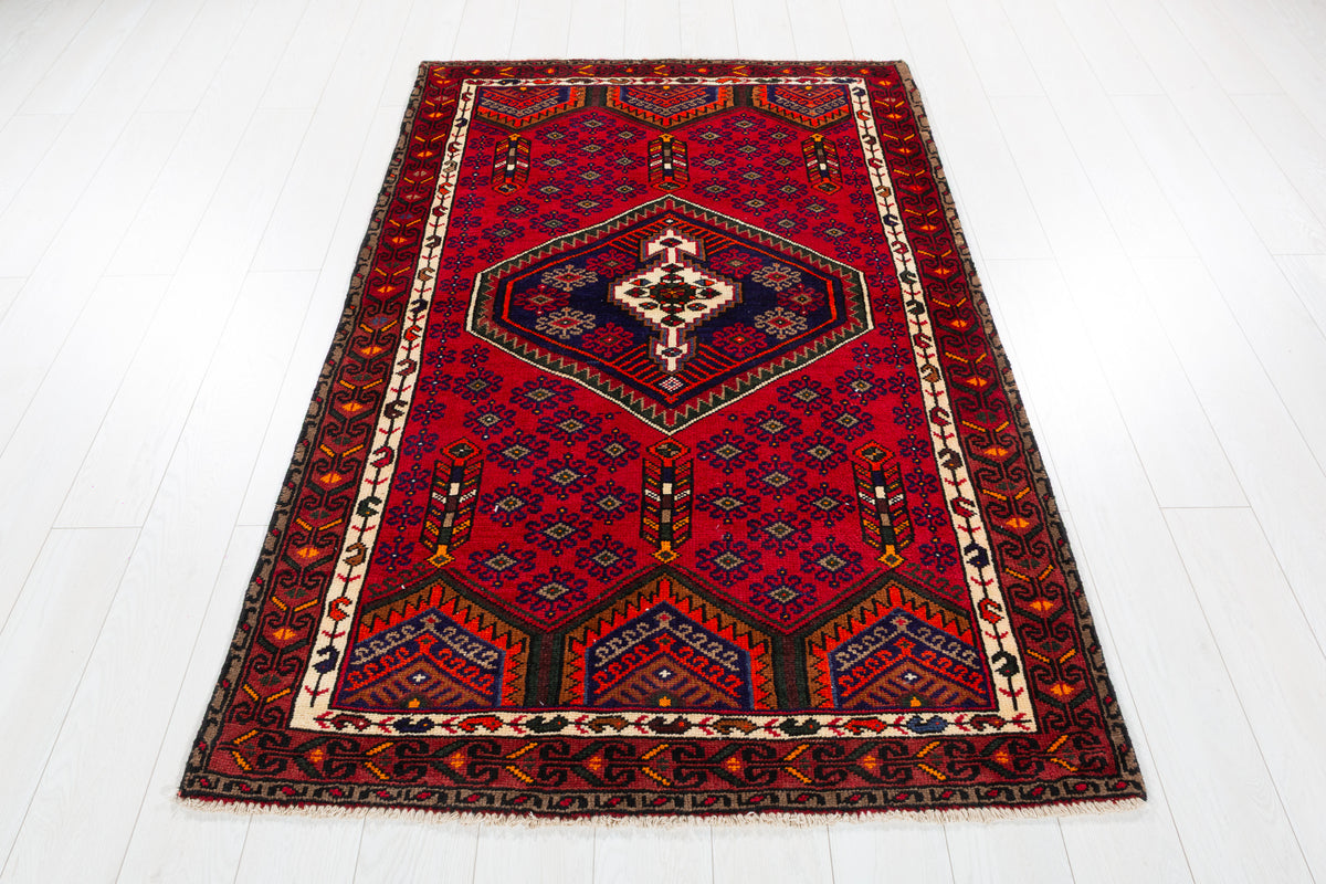 Vintage Red, Navy Blue, Orange Medallion Geometric Hand-Knotted Area Rug – 6' 0" x 4' 0" (184 x 122 cm)