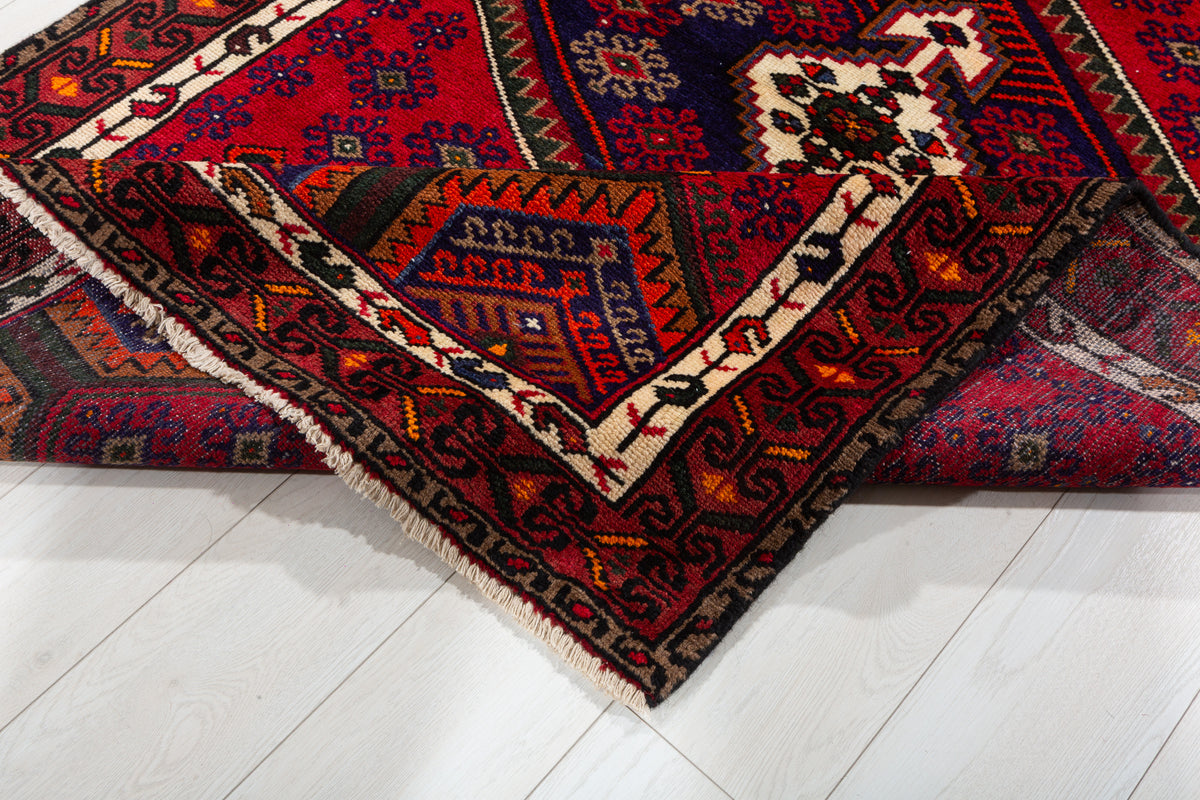 Vintage Red, Navy Blue, Orange Medallion Geometric Hand-Knotted Area Rug – 6' 0" x 4' 0" (184 x 122 cm)