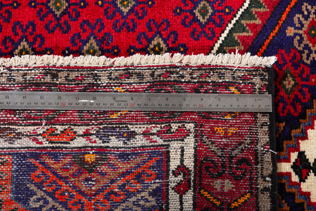 Vintage Red, Navy Blue, Orange Medallion Geometric Hand-Knotted Area Rug – 6' 0" x 4' 0" (184 x 122 cm)