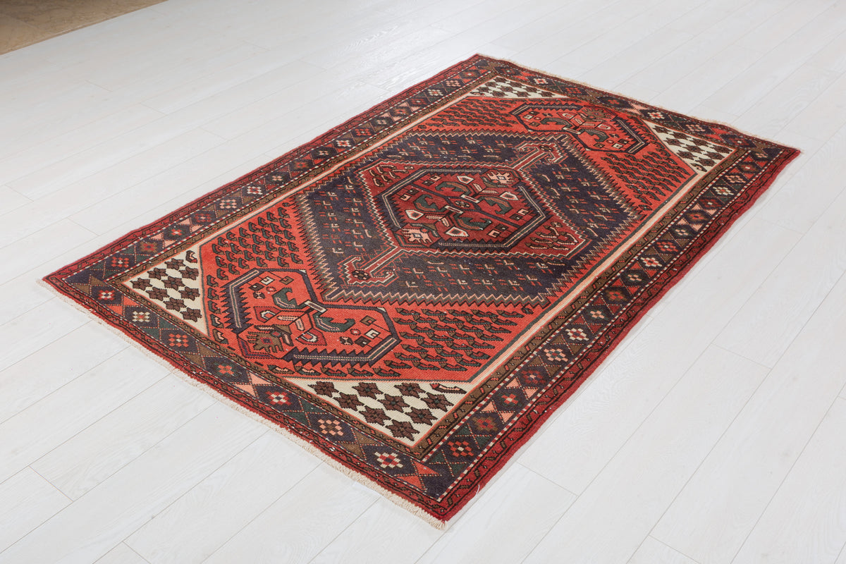 Vintage Bright Rust Red Central Medallion Hand-Knotted Area Rug – 6' 4" x 4' 0" (192 x 123 cm)