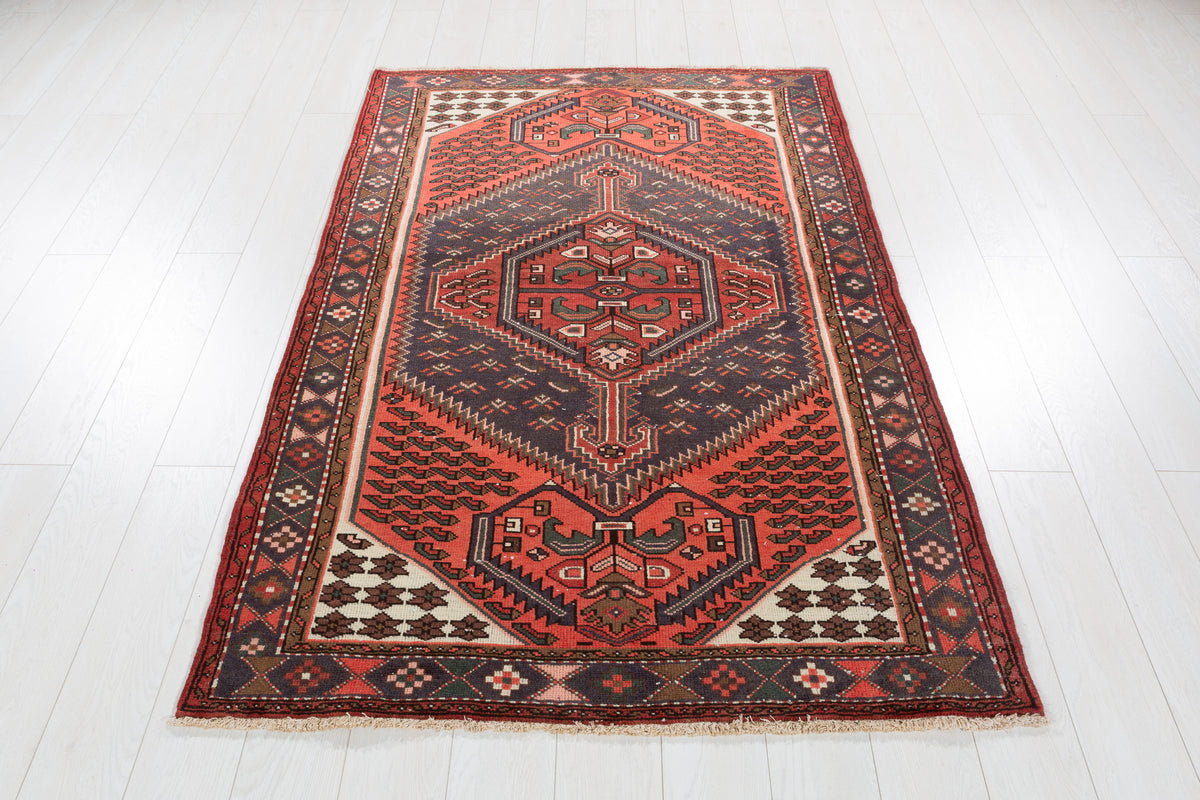 Vintage Bright Rust Red Central Medallion Hand-Knotted Area Rug – 6' 4" x 4' 0" (192 x 123 cm)
