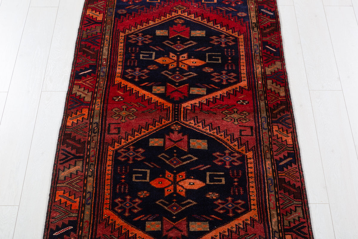 Vintage Rust Red, Deep Navy Blue, Orange Triple Diamond Medallion Hand-Knotted Area Rug – 6' 8" x 3' 2" (202 x 97 cm)