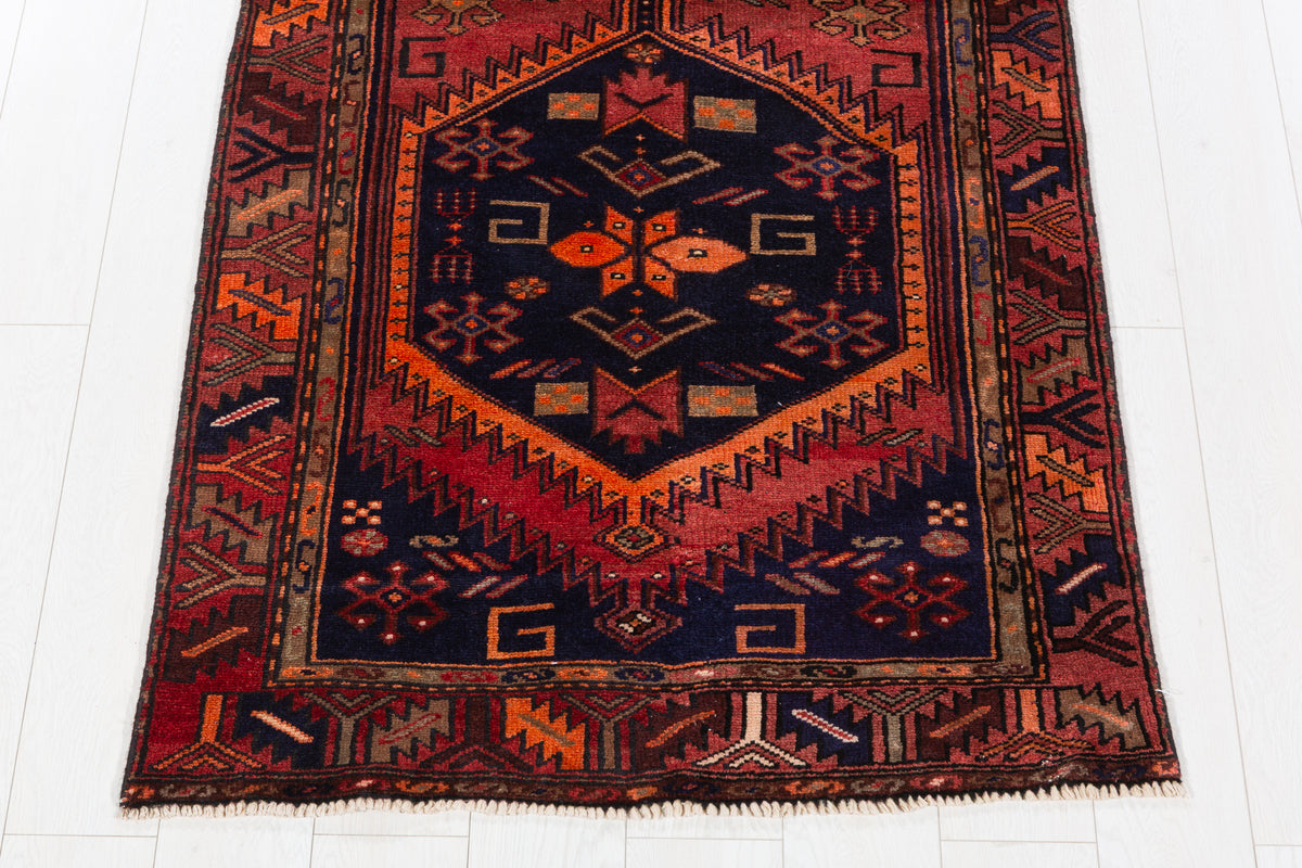Vintage Rust Red, Deep Navy Blue, Orange Triple Diamond Medallion Hand-Knotted Area Rug – 6' 8" x 3' 2" (202 x 97 cm)
