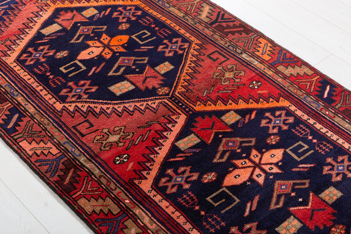 Vintage Rust Red, Deep Navy Blue, Orange Triple Diamond Medallion Hand-Knotted Area Rug – 6' 8" x 3' 2" (202 x 97 cm)