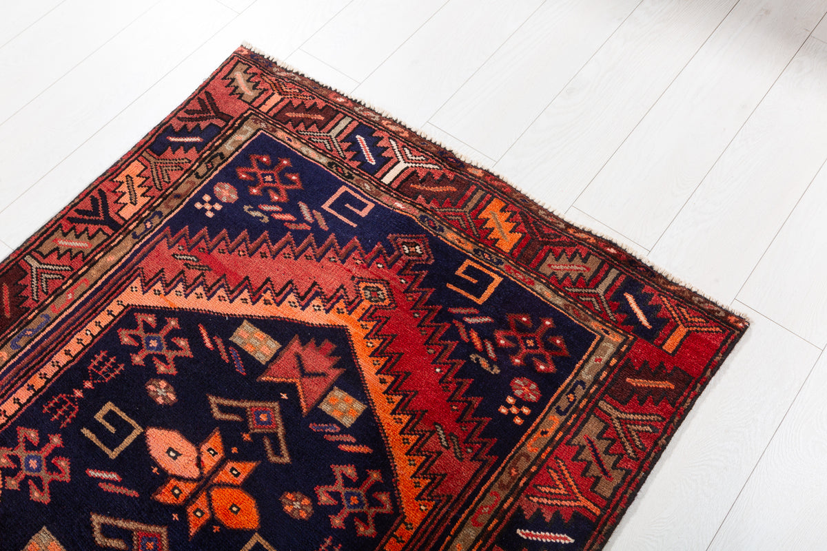 Vintage Rust Red, Deep Navy Blue, Orange Triple Diamond Medallion Hand-Knotted Area Rug – 6' 8" x 3' 2" (202 x 97 cm)