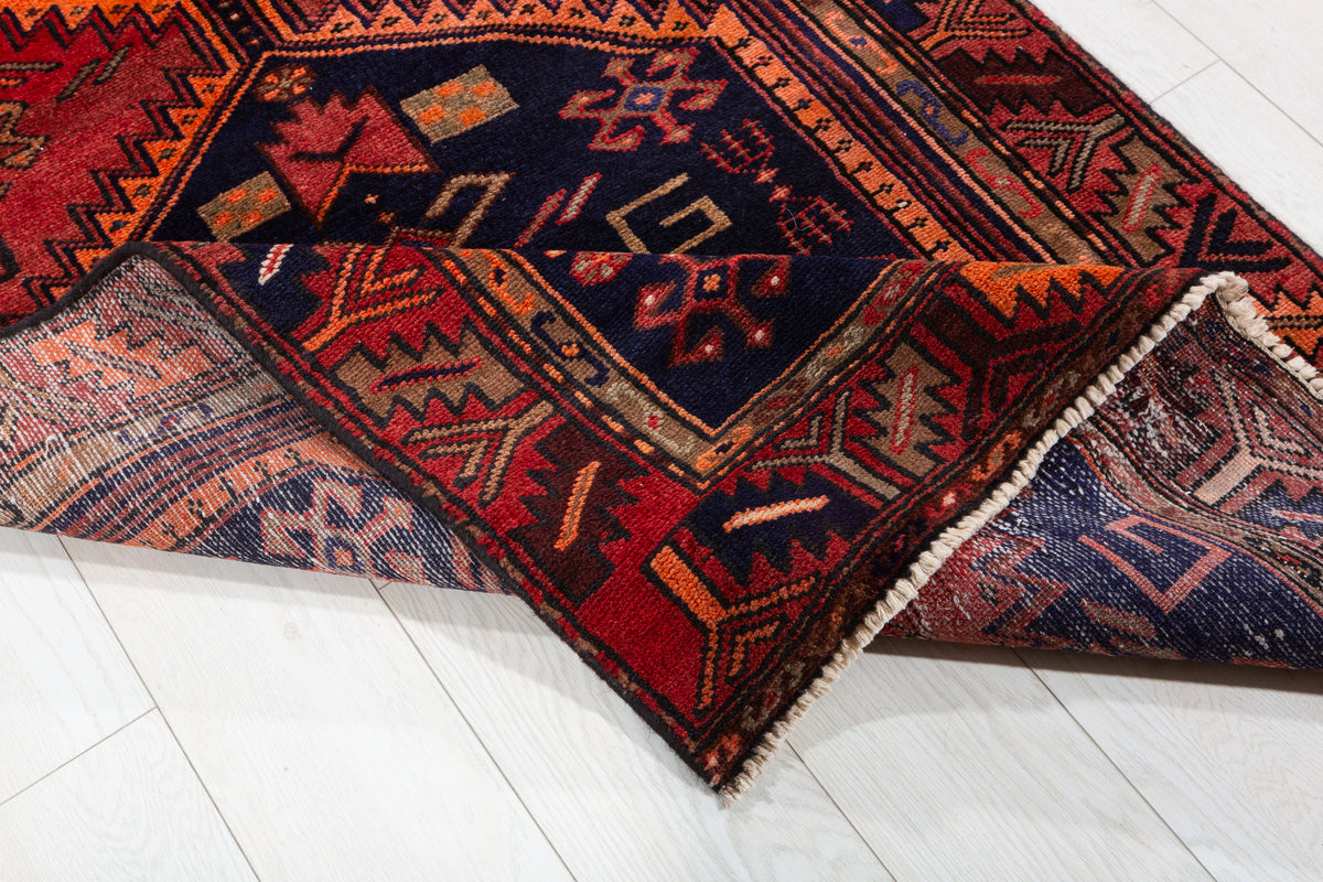 Vintage Rust Red, Deep Navy Blue, Orange Triple Diamond Medallion Hand-Knotted Area Rug – 6' 8" x 3' 2" (202 x 97 cm)