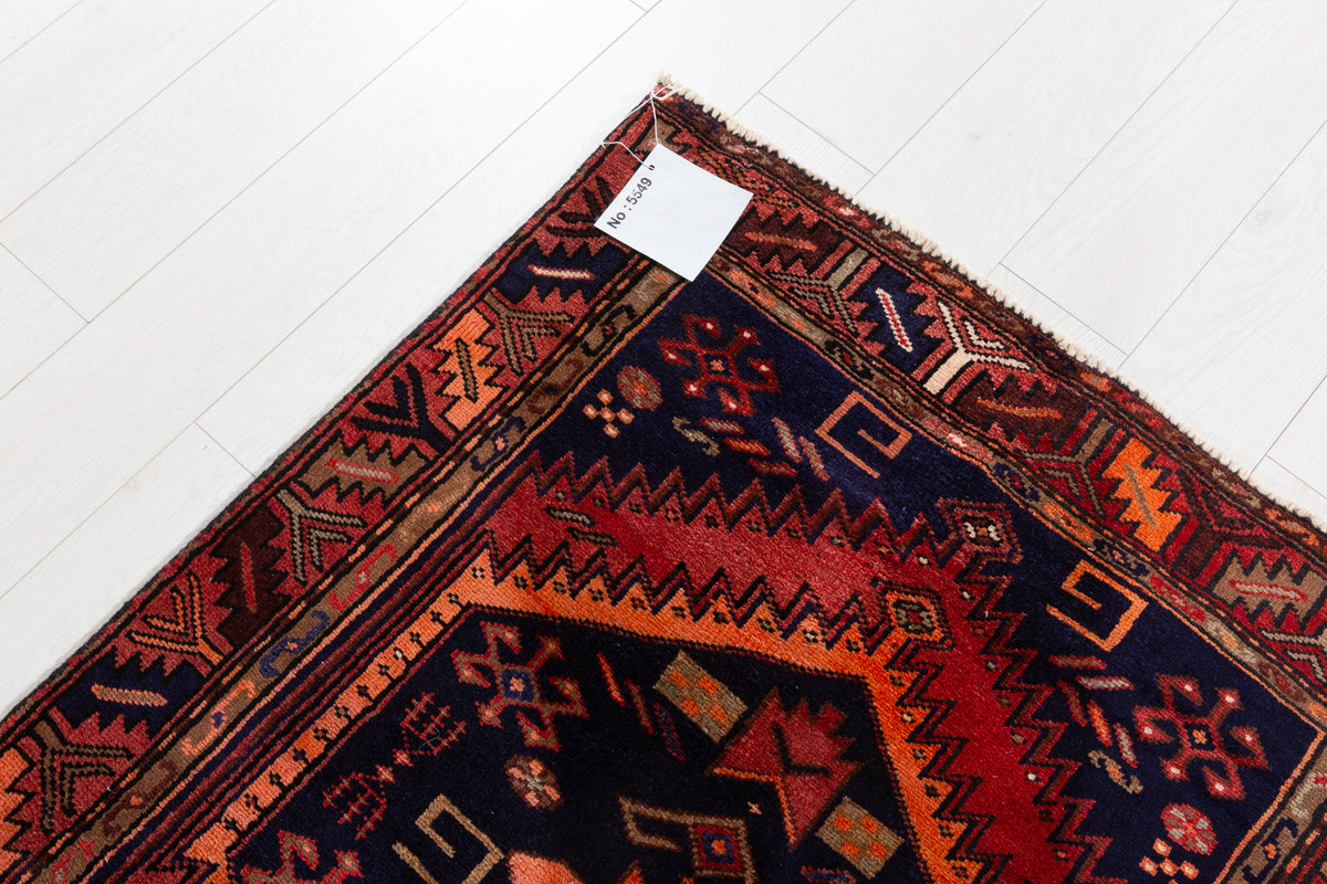 Vintage Rust Red, Deep Navy Blue, Orange Triple Diamond Medallion Hand-Knotted Area Rug – 6' 8" x 3' 2" (202 x 97 cm)