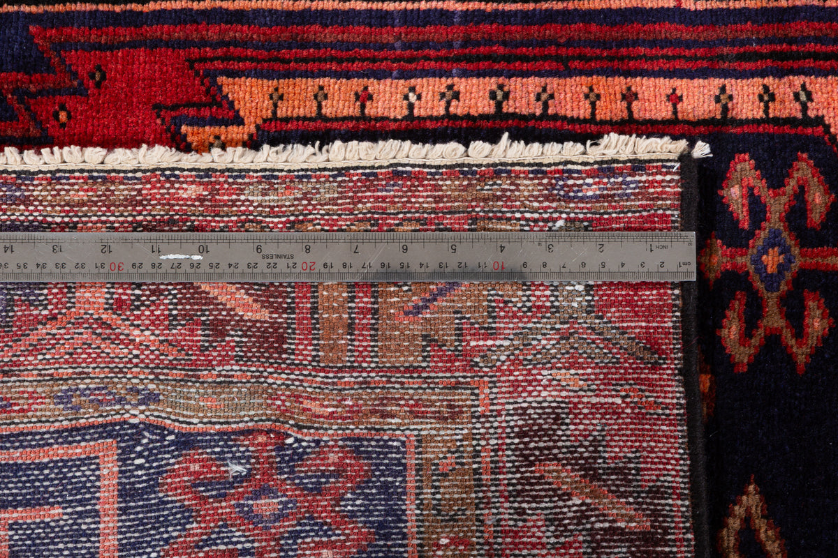 Vintage Rust Red, Deep Navy Blue, Orange Triple Diamond Medallion Hand-Knotted Area Rug – 6' 8" x 3' 2" (202 x 97 cm)