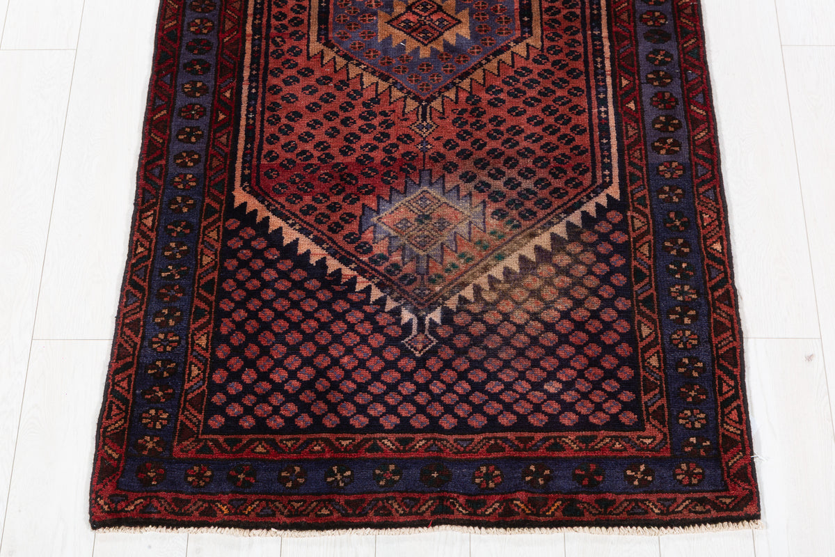 Vintage Rust Red, Blue Medallion Lattice Hand-Knotted Area Rug – 6' 7" x 3' 4" (200 x 102 cm)