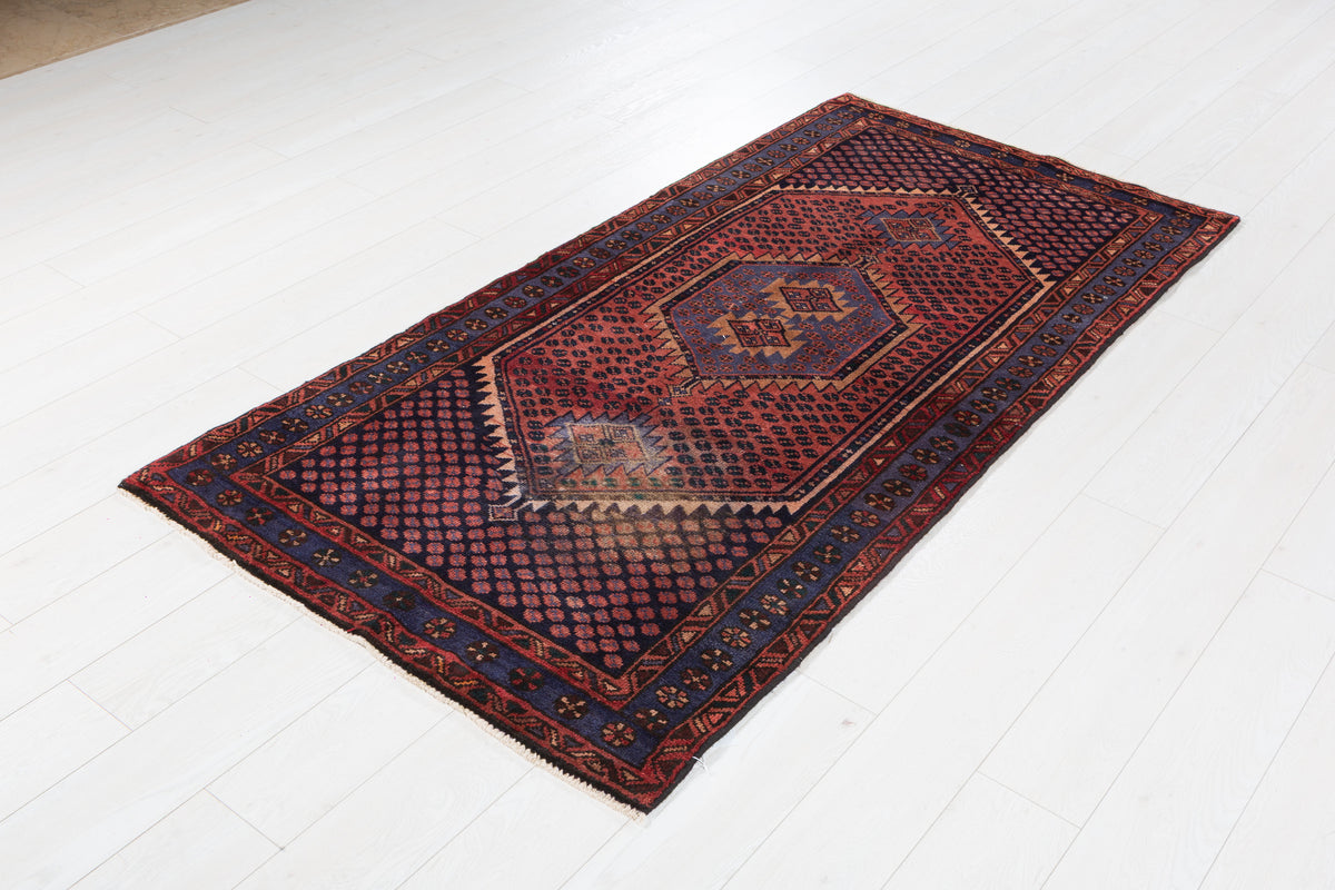 Vintage Rust Red, Blue Medallion Lattice Hand-Knotted Area Rug – 6' 7" x 3' 4" (200 x 102 cm)
