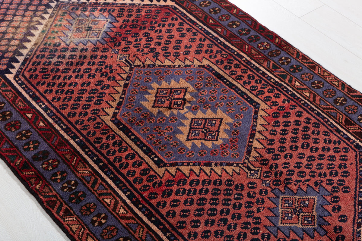 Vintage Rust Red, Blue Medallion Lattice Hand-Knotted Area Rug – 6' 7" x 3' 4" (200 x 102 cm)