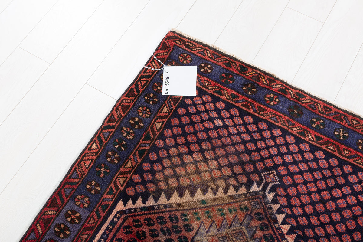 Vintage Rust Red, Blue Medallion Lattice Hand-Knotted Area Rug – 6' 7" x 3' 4" (200 x 102 cm)