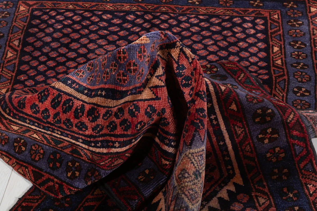 Vintage Rust Red, Blue Medallion Lattice Hand-Knotted Area Rug – 6' 7" x 3' 4" (200 x 102 cm)