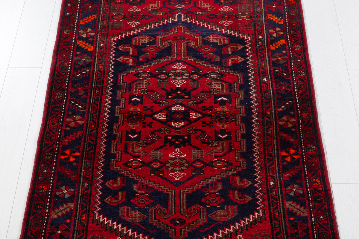 Vintage Red, Deep Navy Blue Central Medallion Hand-Knotted Area Rug – 7' 0" x 3' 8" (213 x 111 cm)