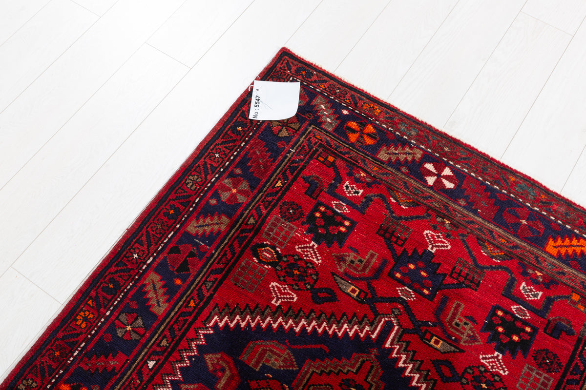 Vintage Red, Deep Navy Blue Central Medallion Hand-Knotted Area Rug – 7' 0" x 3' 8" (213 x 111 cm)