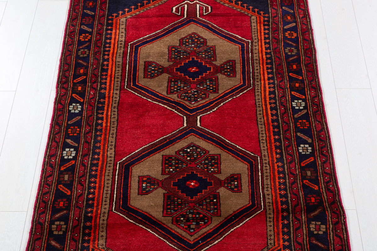 Vintage Red, Brown, Navy Blue Medallion Geometric Hand-Knotted Area Rug – 6' 9" x 3' 7" (206 x 108 cm)