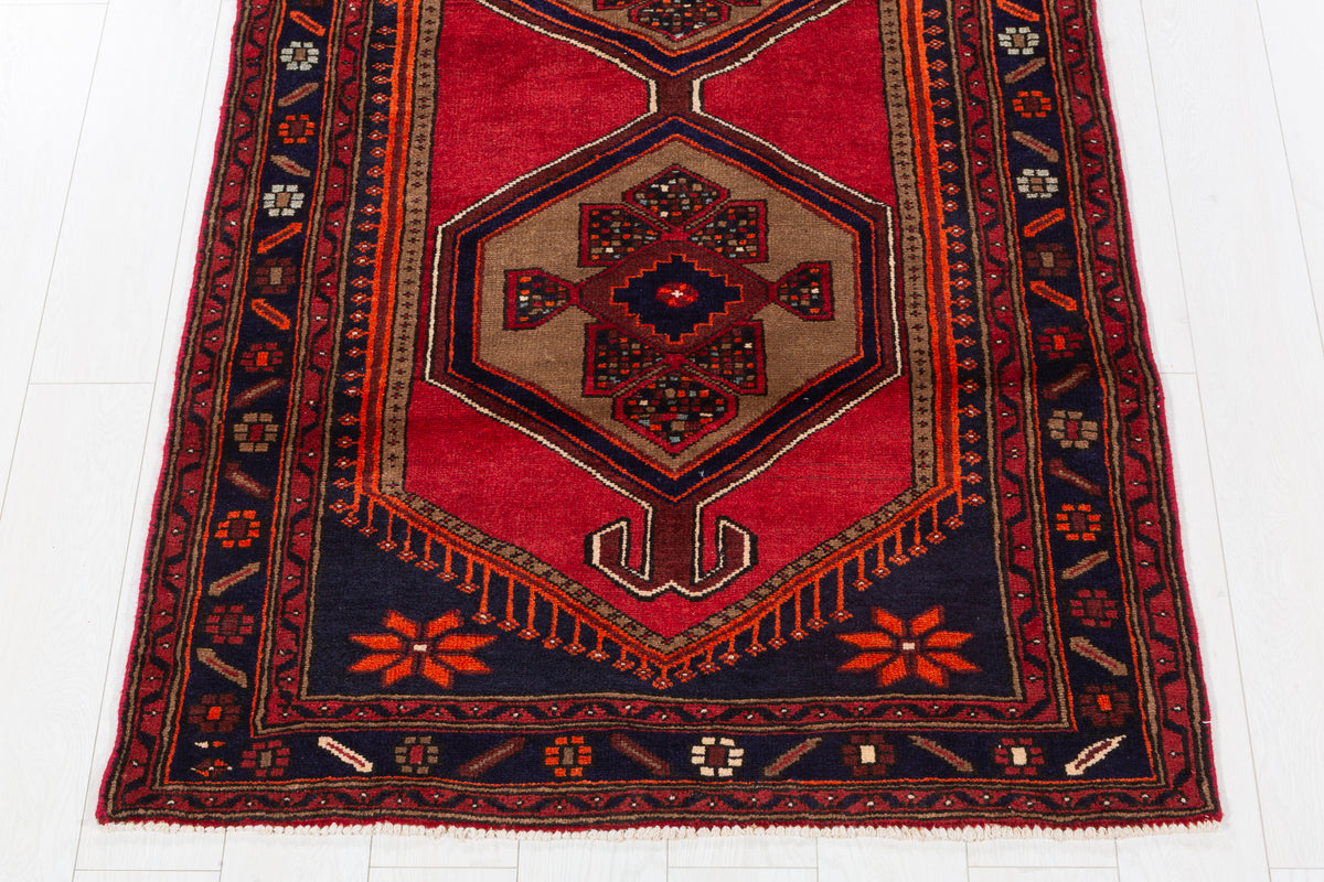 Vintage Red, Brown, Navy Blue Medallion Geometric Hand-Knotted Area Rug – 6' 9" x 3' 7" (206 x 108 cm)