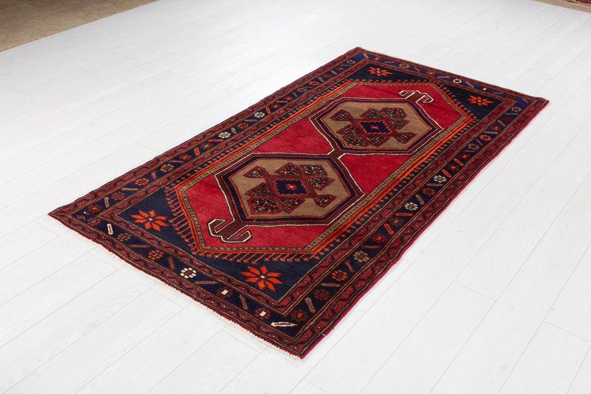 Vintage Red, Brown, Navy Blue Medallion Geometric Hand-Knotted Area Rug – 6' 9" x 3' 7" (206 x 108 cm)