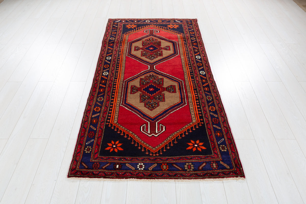 Vintage Red, Brown, Navy Blue Medallion Geometric Hand-Knotted Area Rug – 6' 9" x 3' 7" (206 x 108 cm)