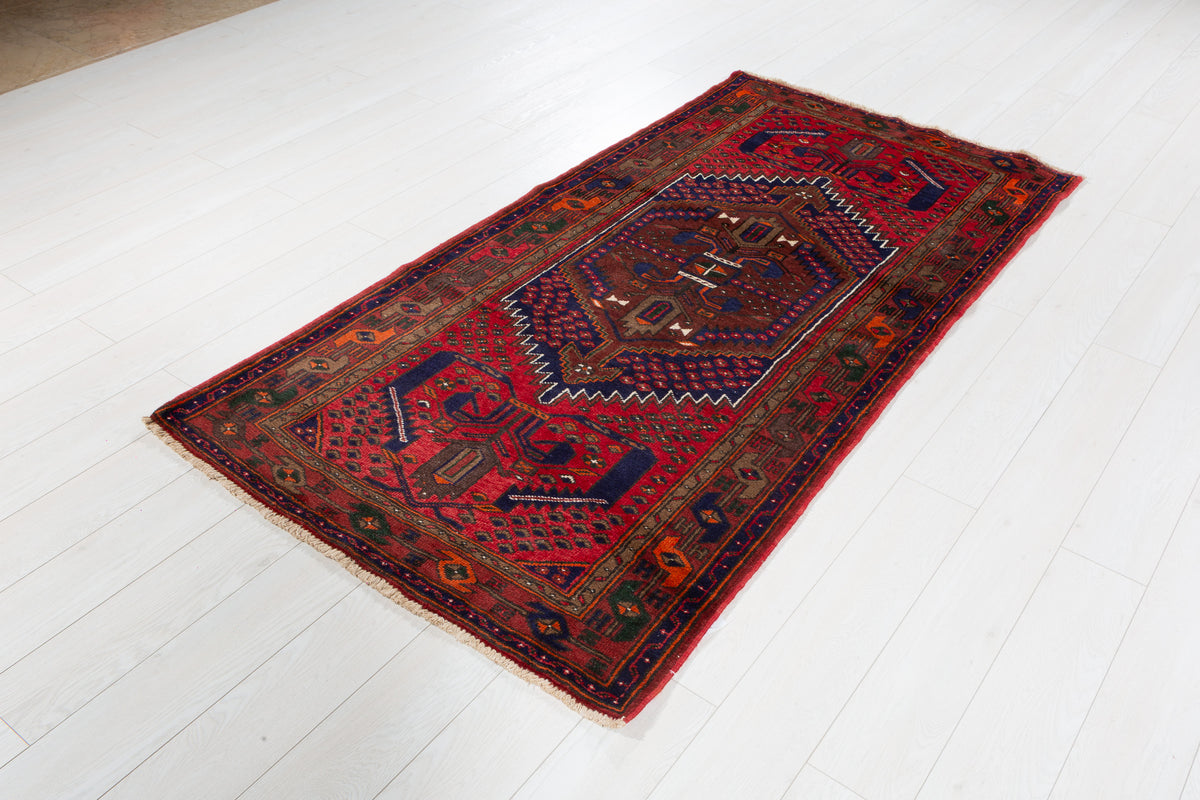 Vintage Red, Navy Blue Medallion Geometric Hand-Knotted Area Rug – 6' 8" x 3' 7" (204 x 109 cm)