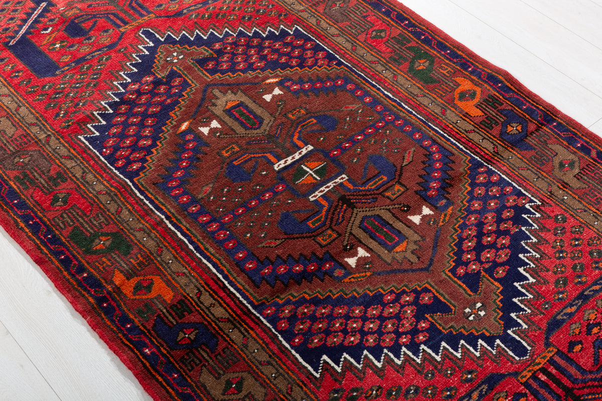 Vintage Red, Navy Blue Medallion Geometric Hand-Knotted Area Rug – 6' 8" x 3' 7" (204 x 109 cm)
