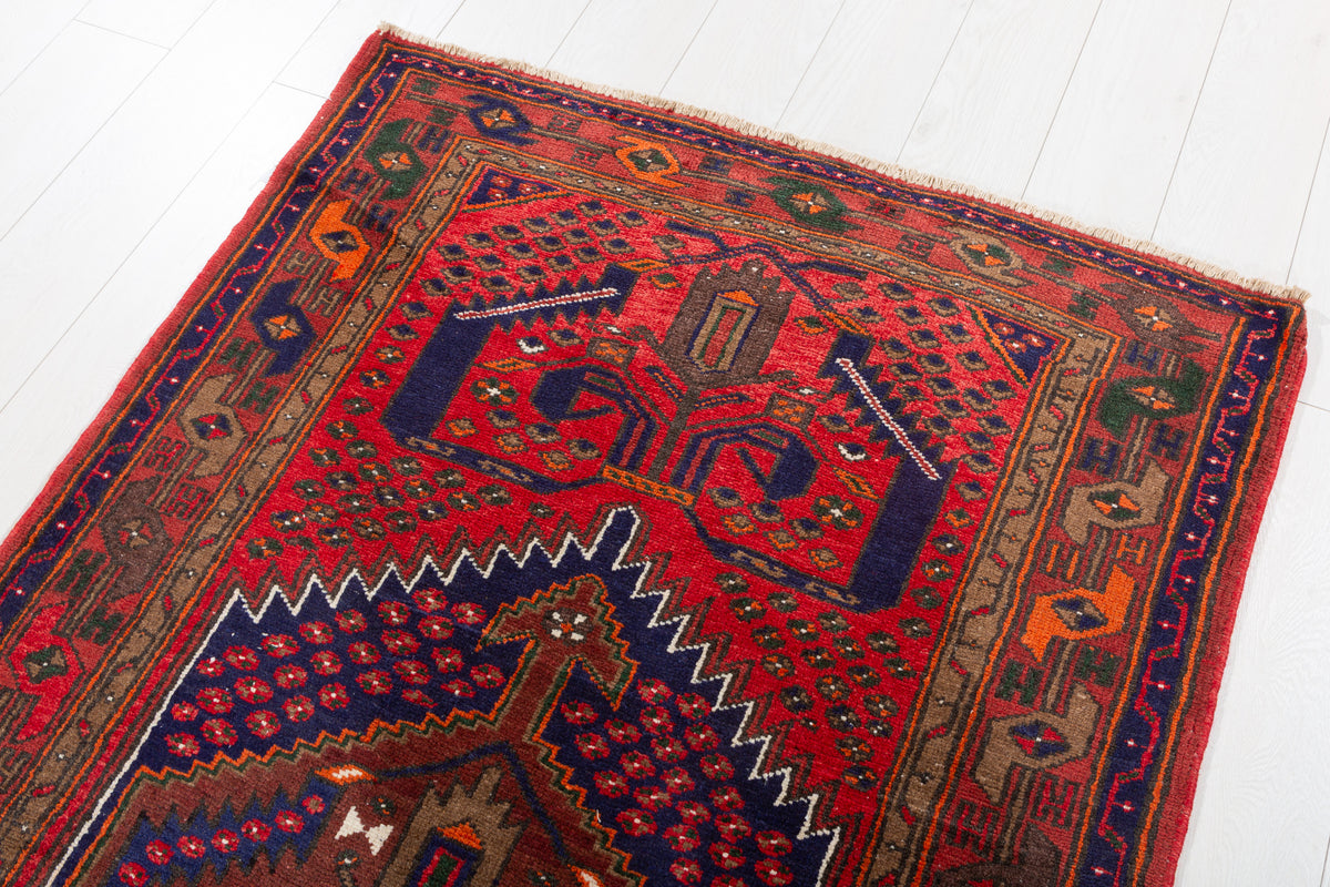 Vintage Red, Navy Blue Medallion Geometric Hand-Knotted Area Rug – 6' 8" x 3' 7" (204 x 109 cm)