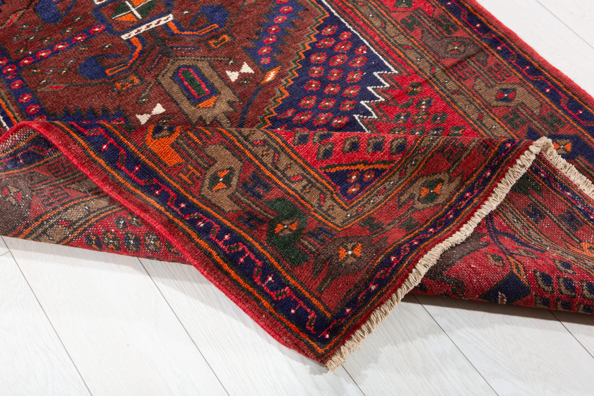 Vintage Red, Navy Blue Medallion Geometric Hand-Knotted Area Rug – 6' 8" x 3' 7" (204 x 109 cm)