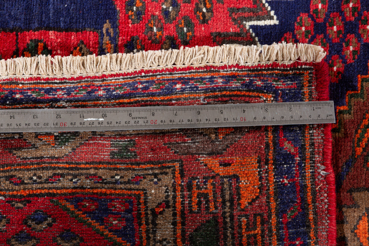 Vintage Red, Navy Blue Medallion Geometric Hand-Knotted Area Rug – 6' 8" x 3' 7" (204 x 109 cm)