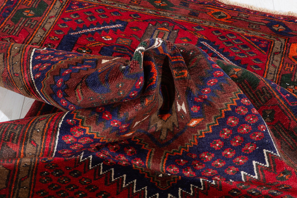 Vintage Red, Navy Blue Medallion Geometric Hand-Knotted Area Rug – 6' 8" x 3' 7" (204 x 109 cm)