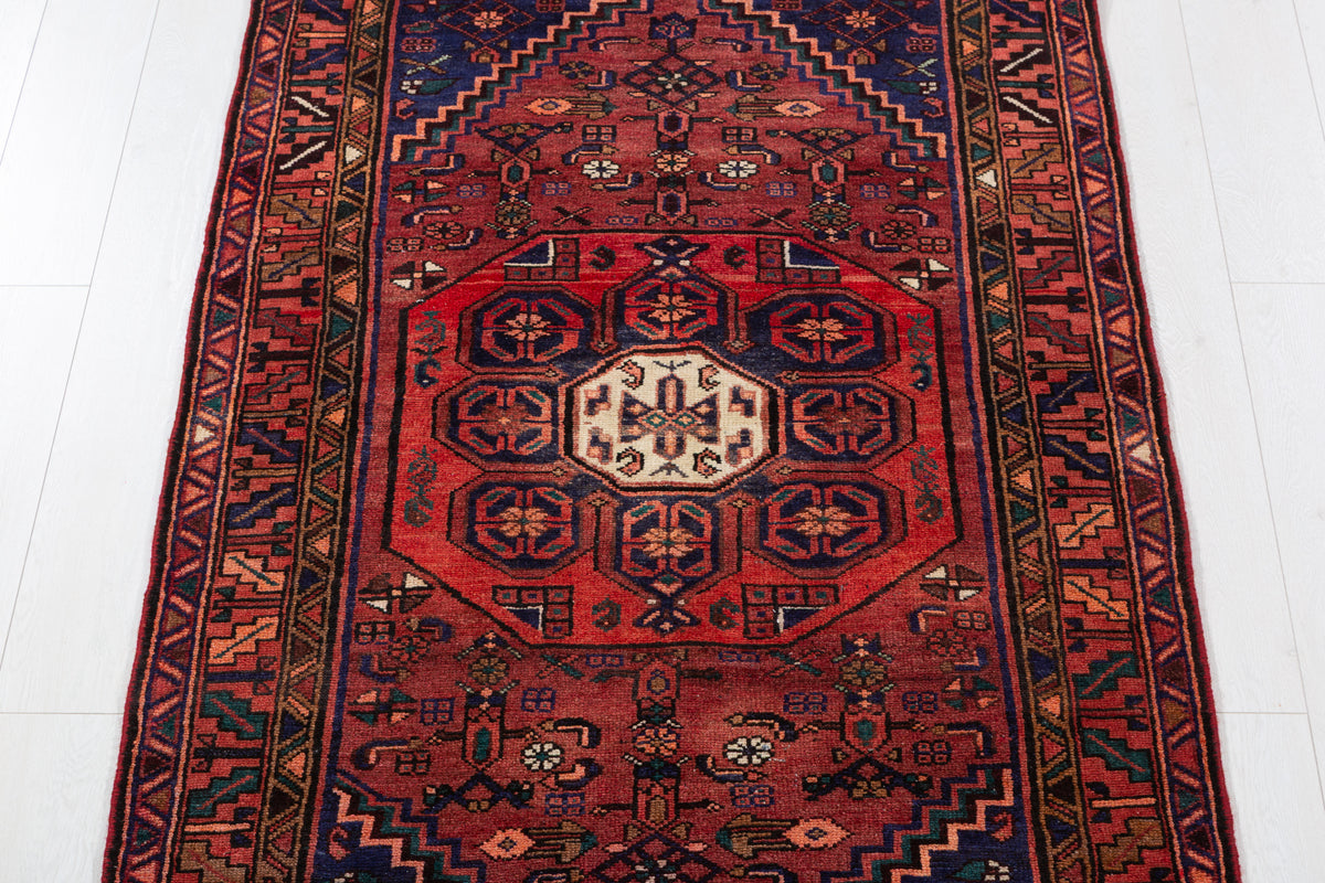 Vintage Rust Red, Navy Blue Central Medallion Hand-Knotted Area Rug – 6' 8" x 3' 7" (204 x 109 cm)