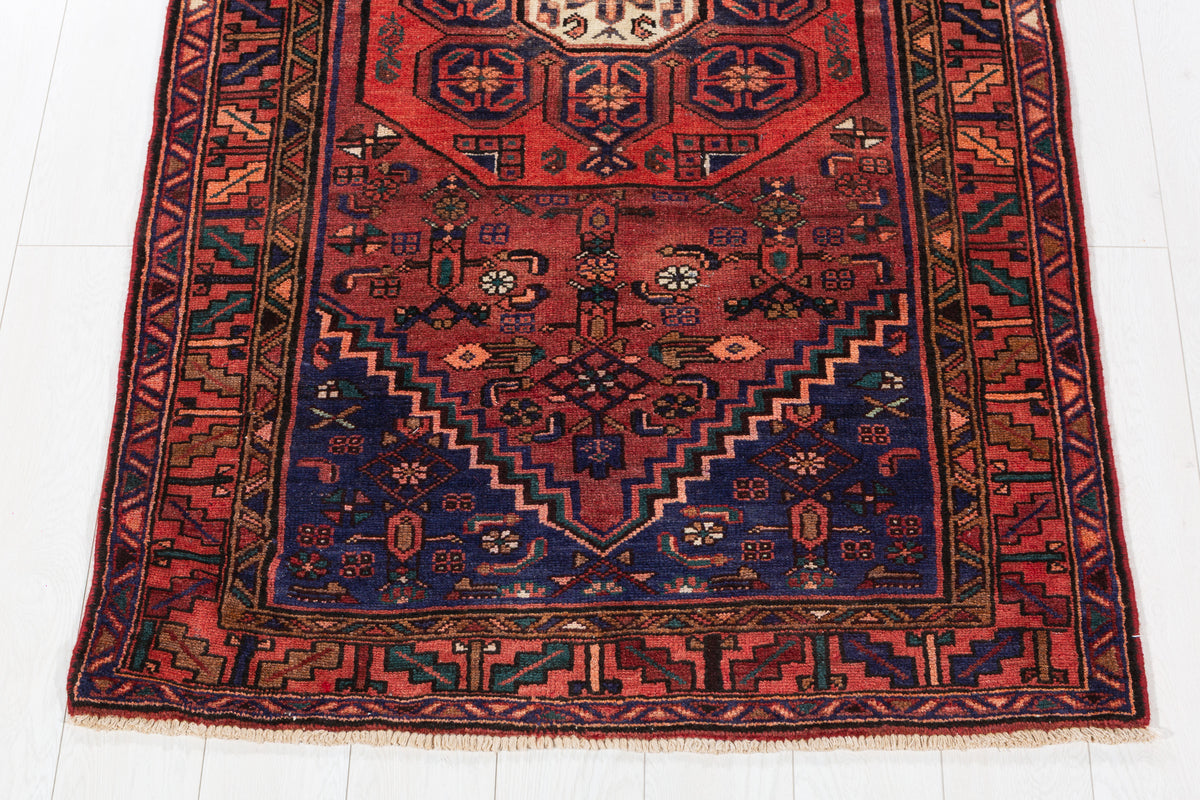 Vintage Rust Red, Navy Blue Central Medallion Hand-Knotted Area Rug – 6' 8" x 3' 7" (204 x 109 cm)