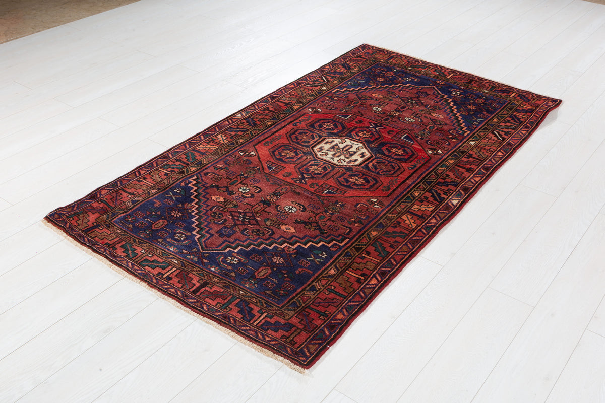 Vintage Rust Red, Navy Blue Central Medallion Hand-Knotted Area Rug – 6' 8" x 3' 7" (204 x 109 cm)