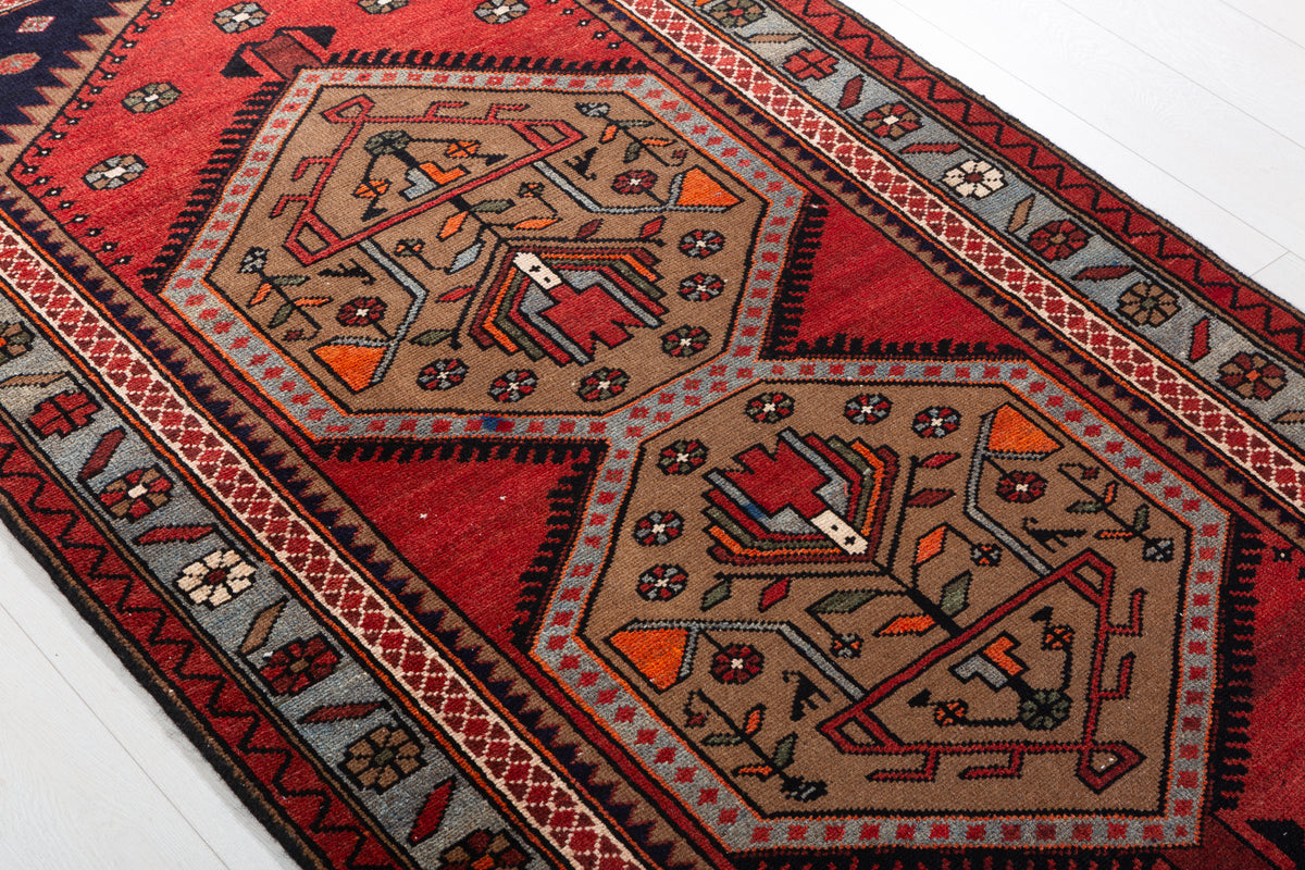 Vintage Red, Brown, Light Blue Medallion Geometric Hand-Knotted Area Rug – 6' 6" x 3' 6" (199 x 106 cm)