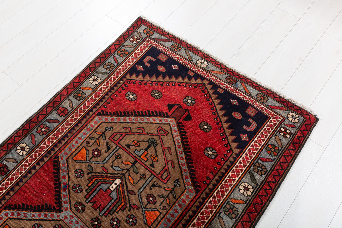 Vintage Red, Brown, Light Blue Medallion Geometric Hand-Knotted Area Rug – 6' 6" x 3' 6" (199 x 106 cm)