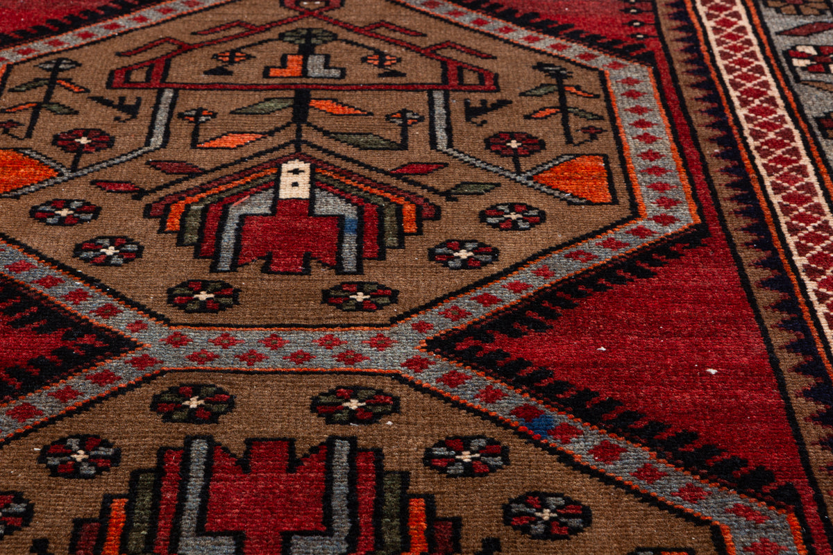 Vintage Red, Brown, Light Blue Medallion Geometric Hand-Knotted Area Rug – 6' 6" x 3' 6" (199 x 106 cm)