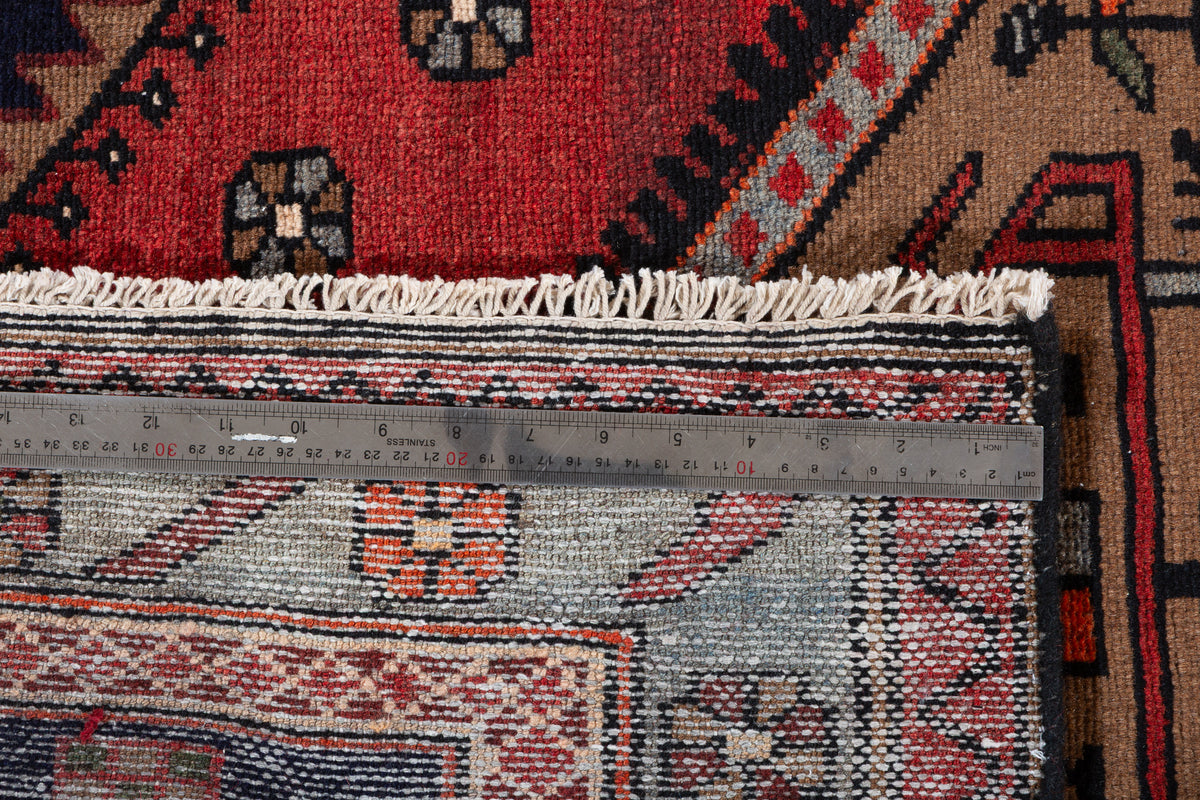 Vintage Red, Brown, Light Blue Medallion Geometric Hand-Knotted Area Rug – 6' 6" x 3' 6" (199 x 106 cm)