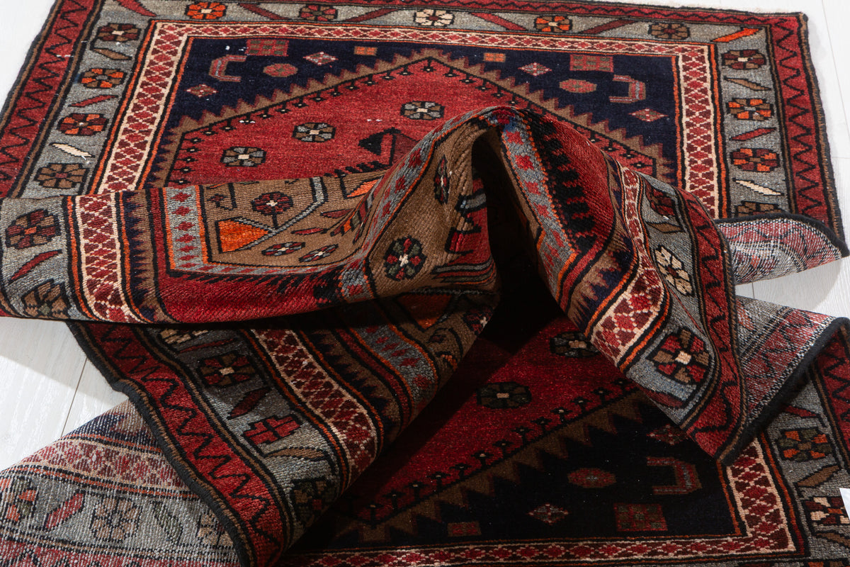 Vintage Red, Brown, Light Blue Medallion Geometric Hand-Knotted Area Rug – 6' 6" x 3' 6" (199 x 106 cm)