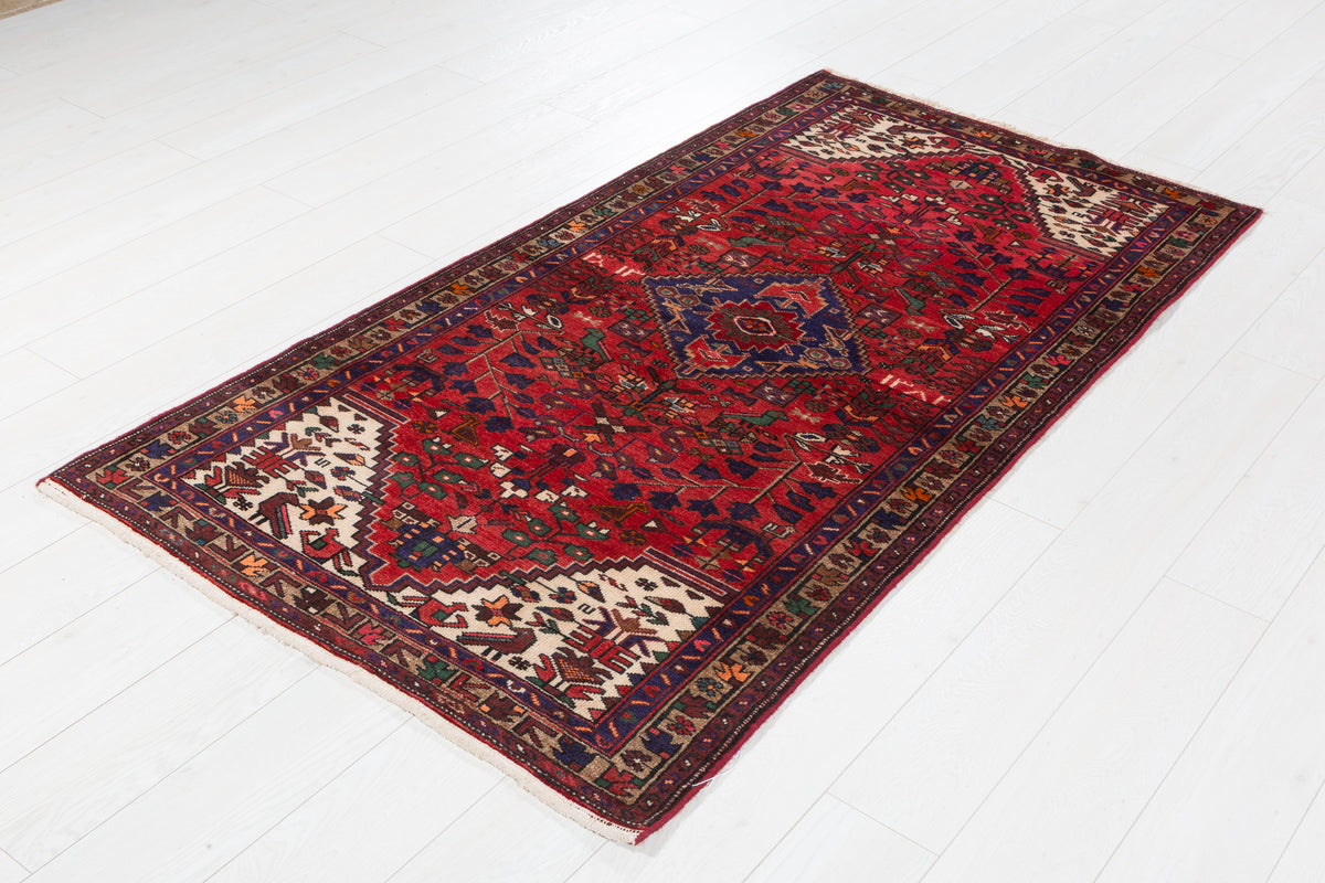 Vintage Red, Brown, Navy Blue Allover Geometric Hand-Knotted Area Rug – 6' 3" x 3' 3" (191 x 100 cm)
