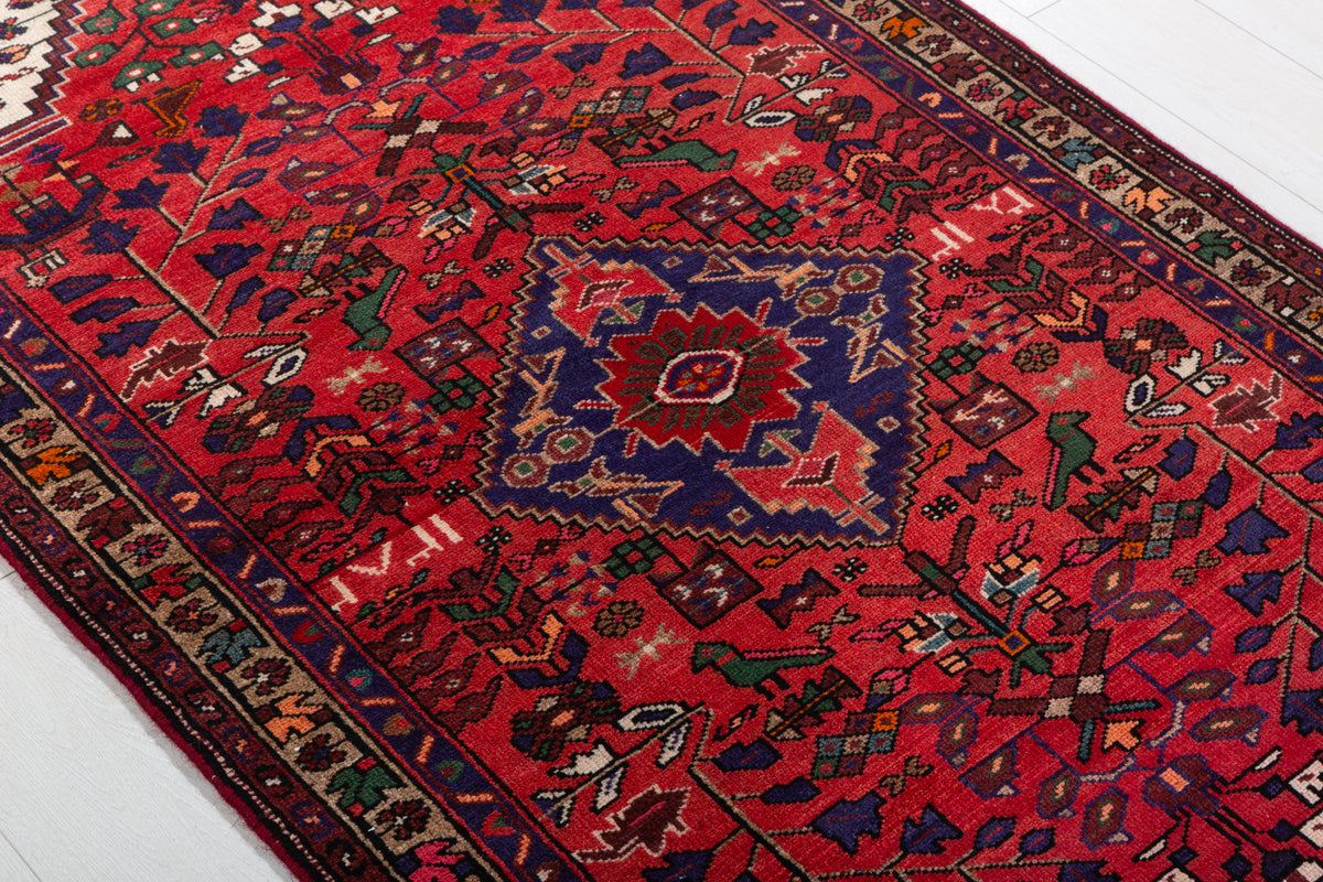 Vintage Red, Brown, Navy Blue Allover Geometric Hand-Knotted Area Rug – 6' 3" x 3' 3" (191 x 100 cm)