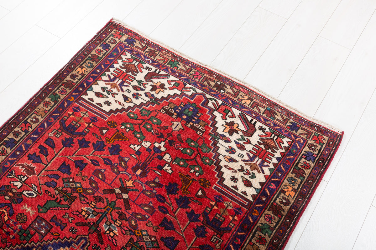 Vintage Red, Brown, Navy Blue Allover Geometric Hand-Knotted Area Rug – 6' 3" x 3' 3" (191 x 100 cm)