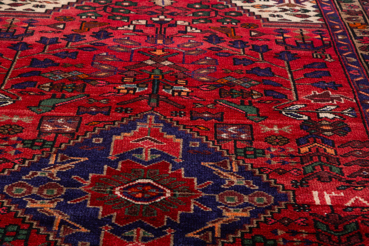 Vintage Red, Brown, Navy Blue Allover Geometric Hand-Knotted Area Rug – 6' 3" x 3' 3" (191 x 100 cm)
