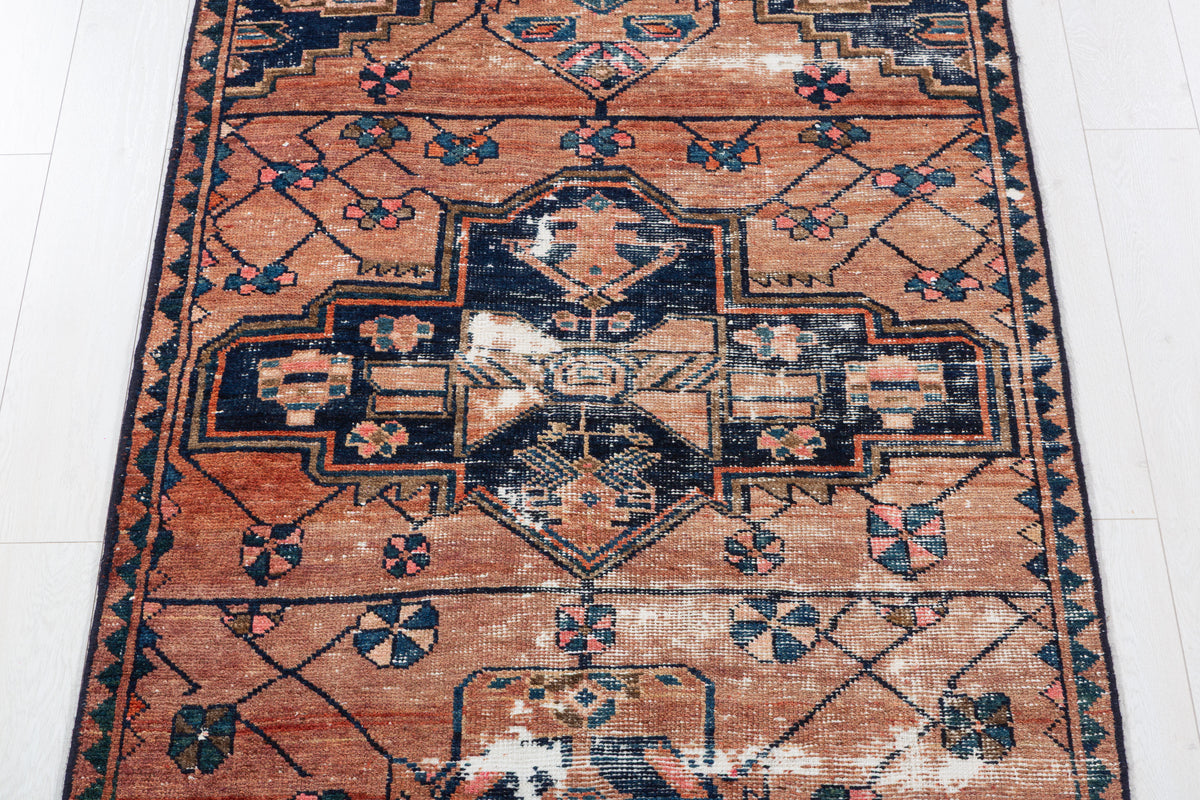 Antique Distressed Peach and Navy Blue Geometric Medallion Hand-Knotted Area Rug – 6' 6" x 3' 7" (197 x 109 cm)