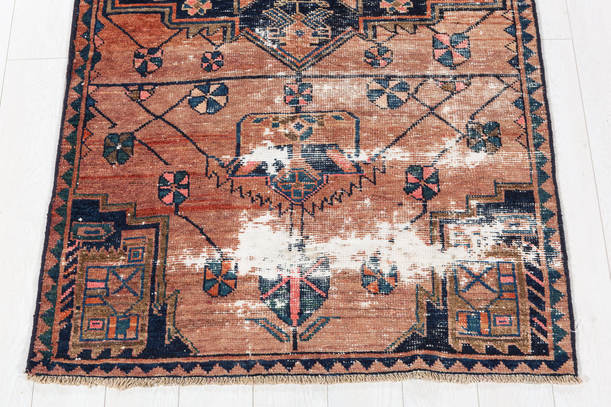 Antique Distressed Peach and Navy Blue Geometric Medallion Hand-Knotted Area Rug – 6' 6" x 3' 7" (197 x 109 cm)