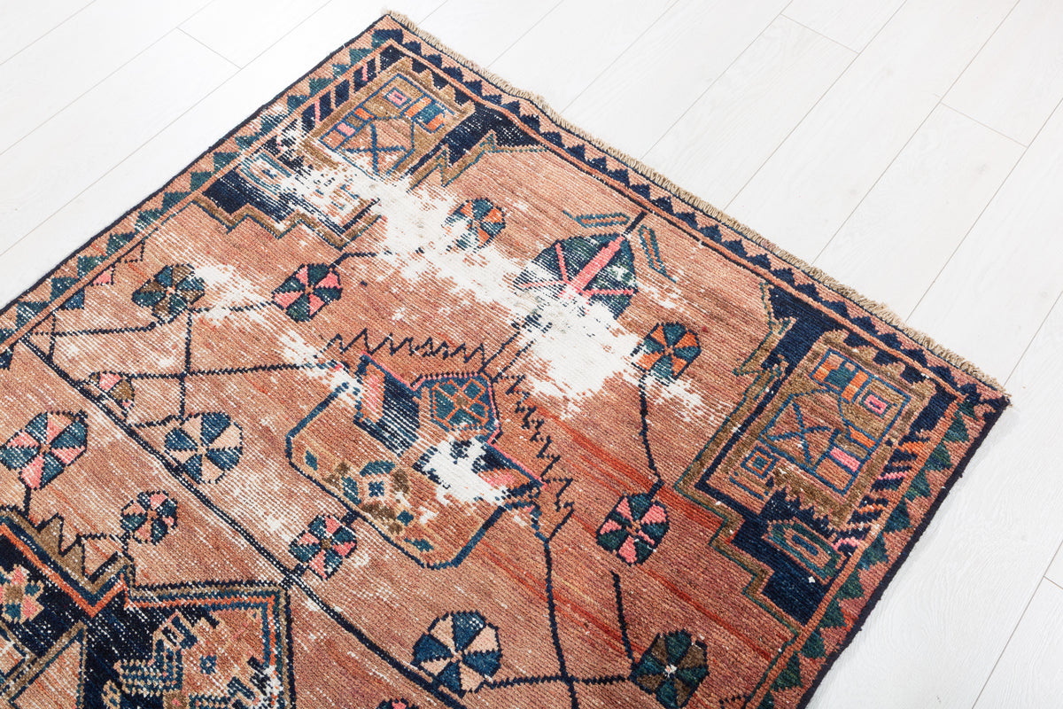 Antique Distressed Peach and Navy Blue Geometric Medallion Hand-Knotted Area Rug – 6' 6" x 3' 7" (197 x 109 cm)