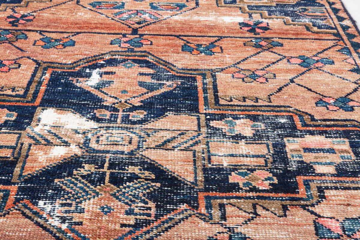 Antique Distressed Peach and Navy Blue Geometric Medallion Hand-Knotted Area Rug – 6' 6" x 3' 7" (197 x 109 cm)