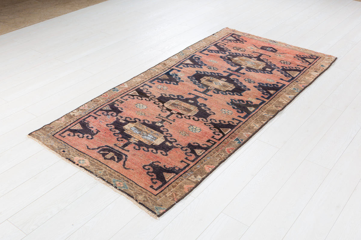 Antique Faded Peach Allover Vine Hand-Knotted Area Rug – 7' 1" x 3' 5" (217 x 103 cm)