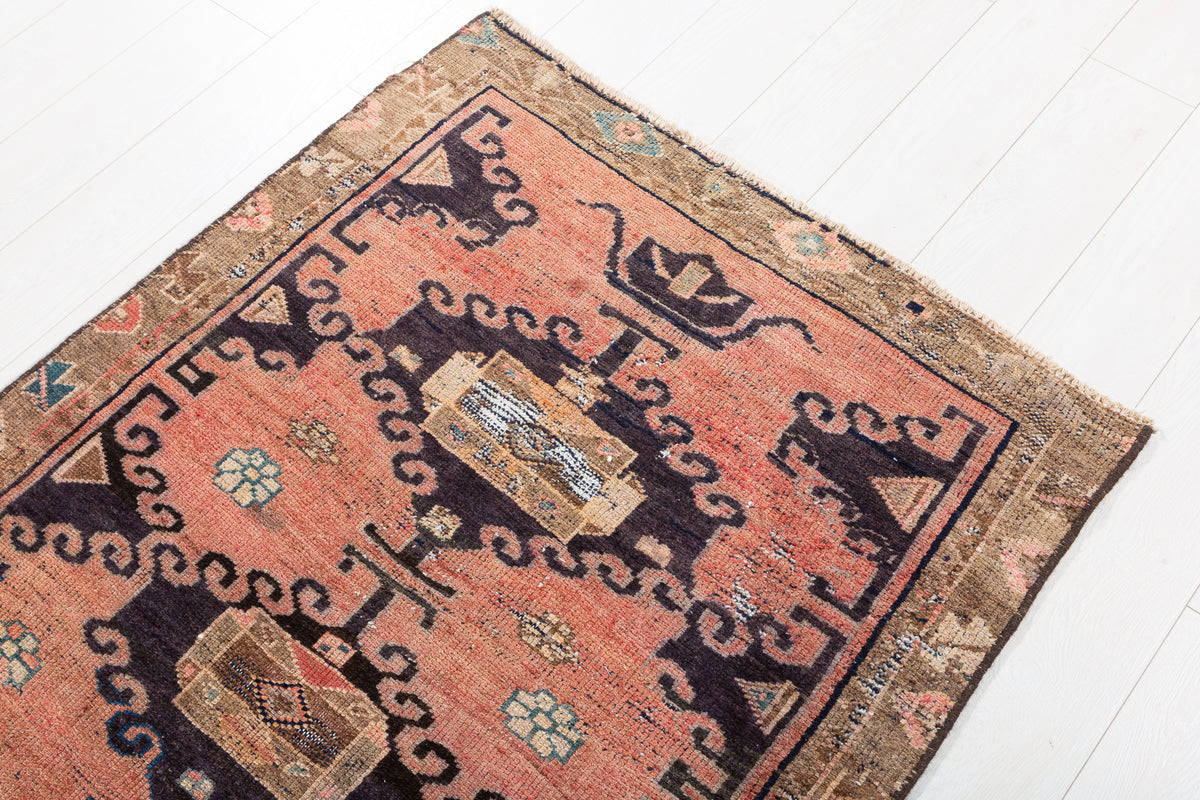 Antique Faded Peach Allover Vine Hand-Knotted Area Rug – 7' 1" x 3' 5" (217 x 103 cm)