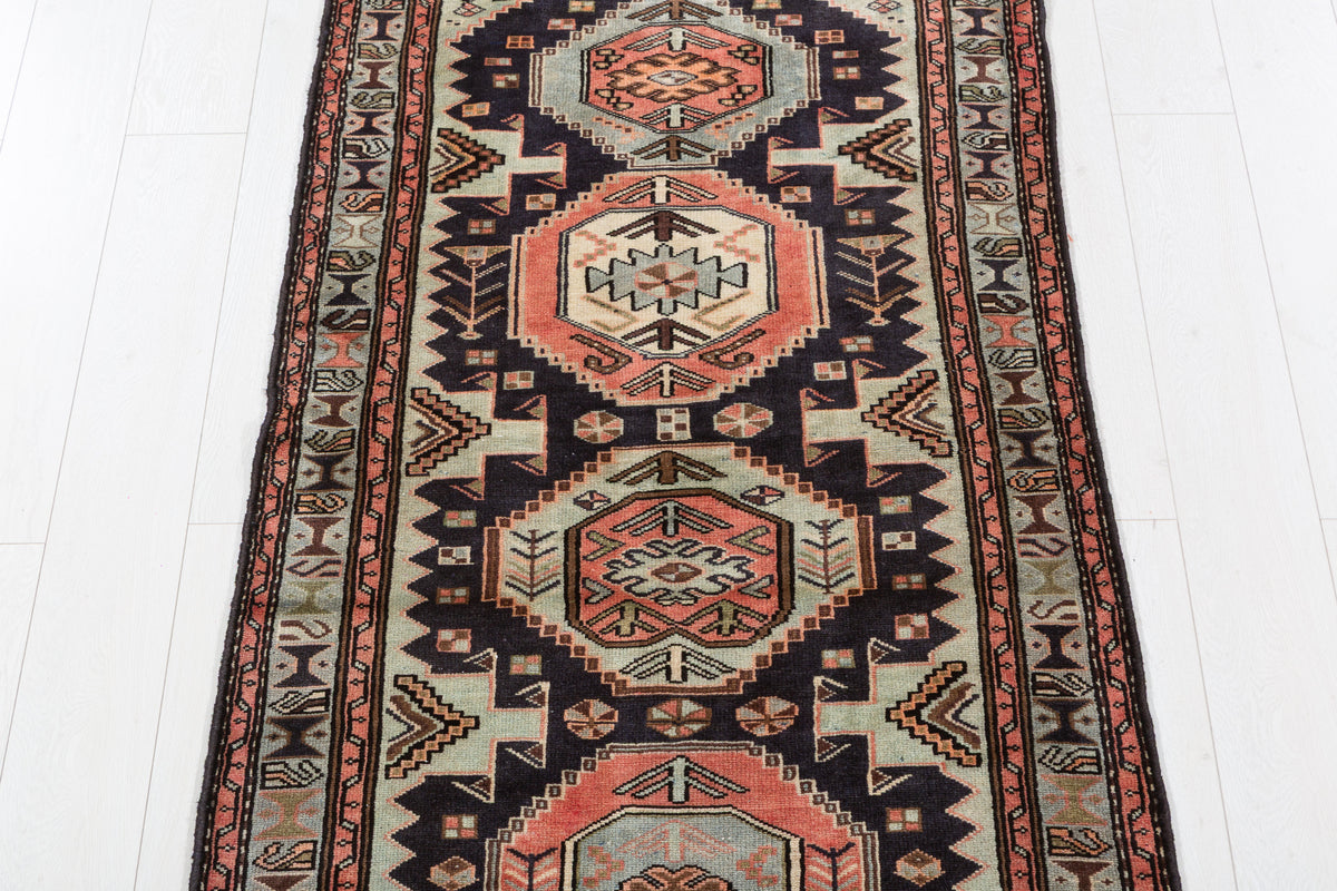 Vintage Navy Blue and Soft Blue Four Medallion Panel Area Rug – 6' 2" x 2' 11" (187 x 89 cm)