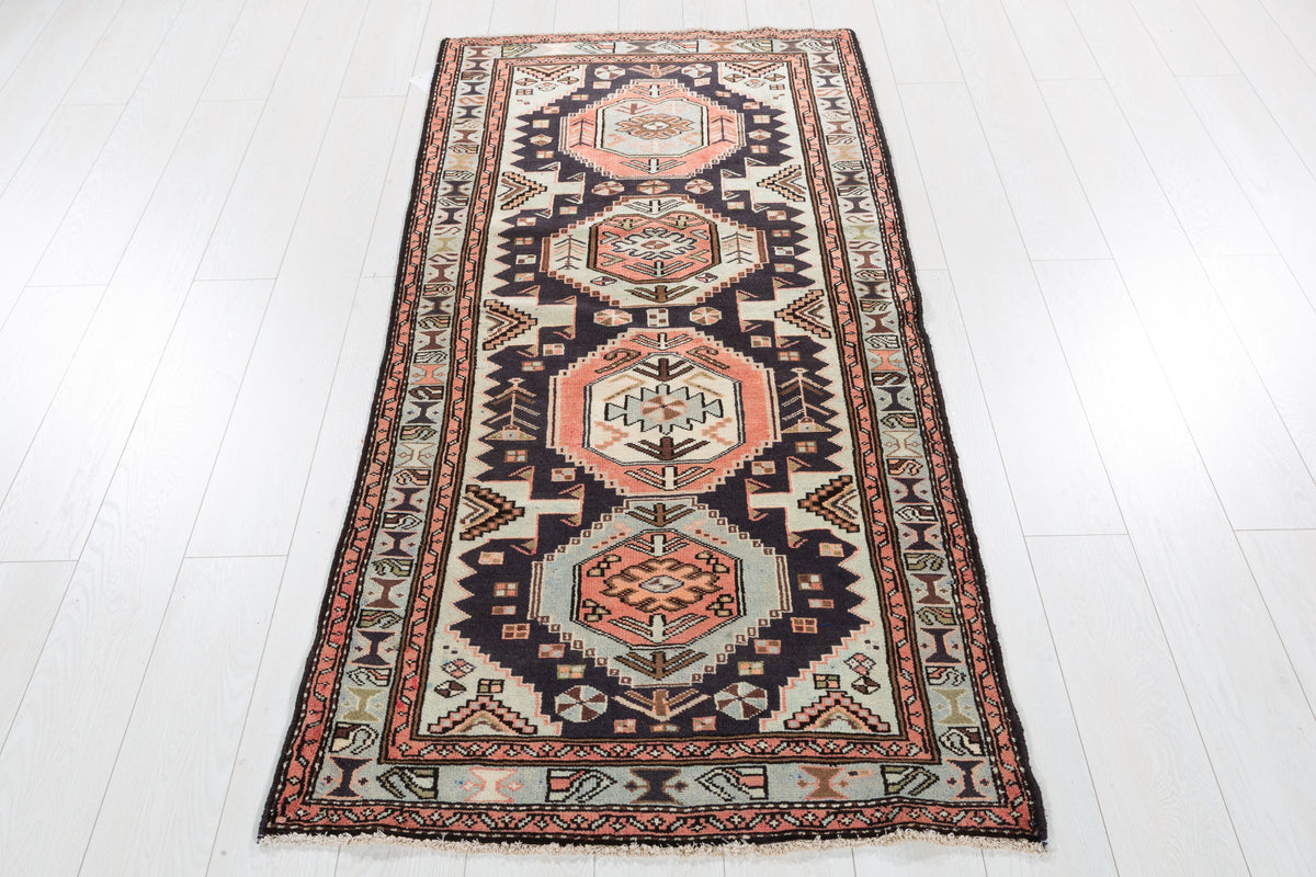 Vintage Navy Blue and Soft Blue Four Medallion Panel Area Rug – 6' 2" x 2' 11" (187 x 89 cm)